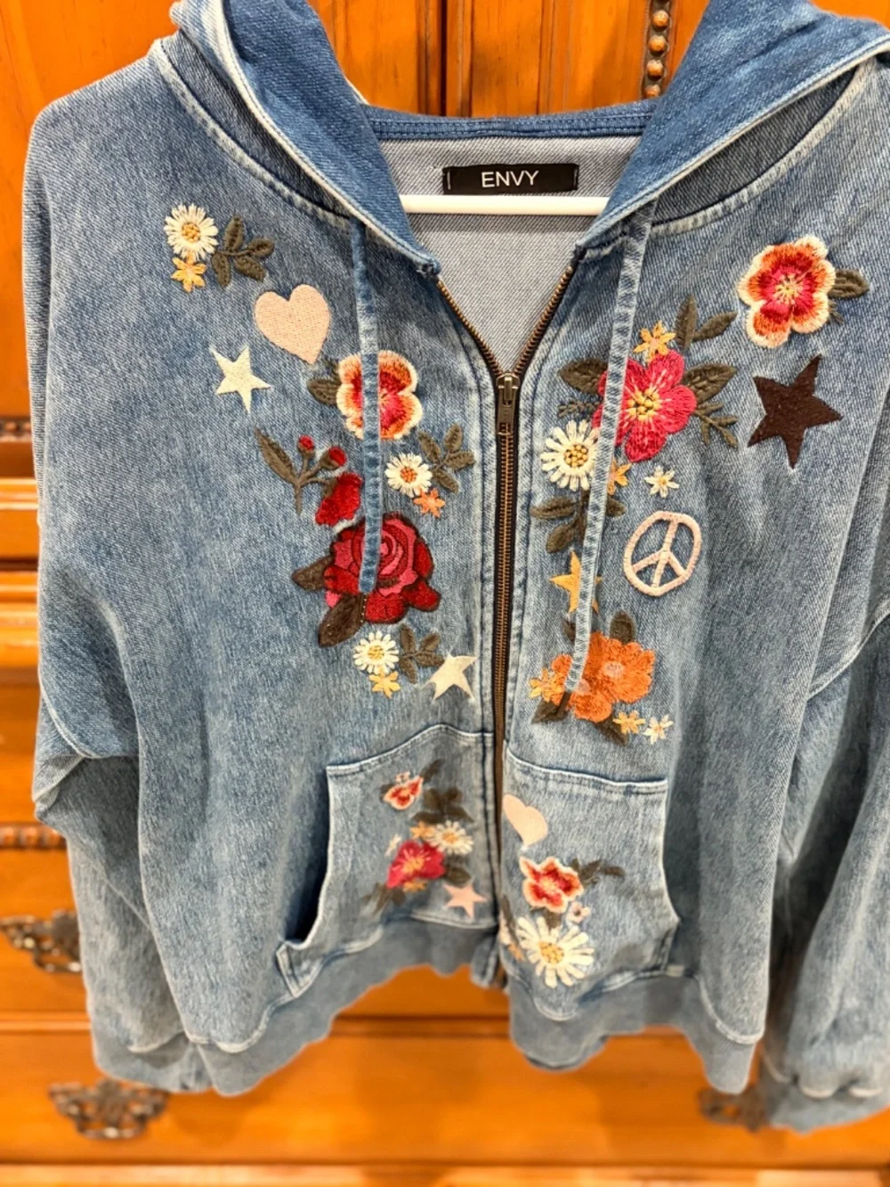 Camp Peace Floral Embroidered Denim Hoodie / Jean Jacket - Picture 3 of 4